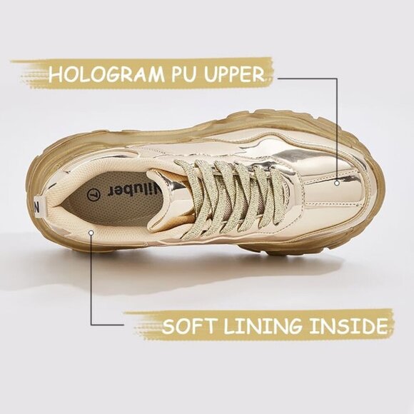 Women Gold Hologram Casual Tennis Lace Up Chunky Sneakers Shoes - Picture 3 of 7